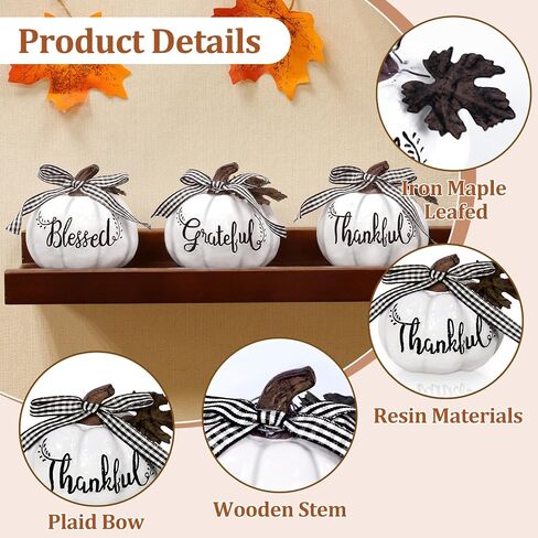 TURNMEON Fall Decorations-Set of 3 Thankful Grateful Blessed Resin Artificial Pumpkins Decor, Fall Thanksgiving Pumpkin Centerpiece for Thanksgiving Table Decorations Autumn Harvest Home Decor, White in Saudi Arabia