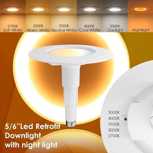 6 عبوات 5/6 بوصة 5CCT LED إضاءة غائرة مع ضوء ليلي، 2700K/3000K/3500K/4000K/5000K مصابيح مجوفة قابلة للتحديد، 12W=60W، 800LM، مصابيح خافتة للضوء، سهلة التركيب، قاعدة E26 in Saudi Arabia