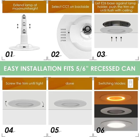 6 عبوات 5/6 بوصة 5CCT LED إضاءة غائرة مع ضوء ليلي، 2700K/3000K/3500K/4000K/5000K مصابيح مجوفة قابلة للتحديد، 12W=60W، 800LM، مصابيح خافتة للضوء، سهلة التركيب، قاعدة E26 in Saudi Arabia