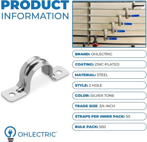 حزام أنبوب OhLectric بفتحتين 3/4 بوصة - ضلع مقوى لمزيد من القوة - مشبك حزام أنابيب فولاذي مطلي بالزنك لقناة EMT - تركيب سهل التركيب - عبوة من 10 قطع؛ OL-72853 -500 قطعة in Kuwait