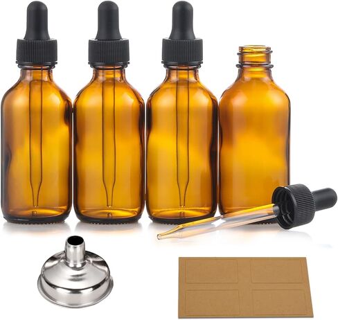 4 Pack, 2 oz Dropper Bottles with 2 Extra 1mL Calibrated Glass Droppers & 1 Funnel & 4 Labels - 60ml Thick Dark Amber Glass Tincture Bottles with Eye Droppers - Leakproof Essential Oils Bottles in Kuwait