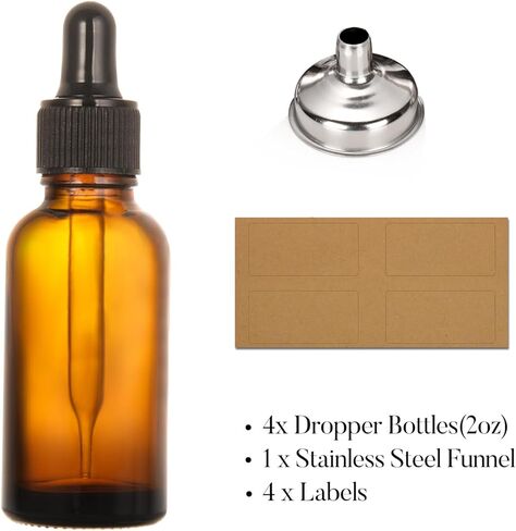 4 Pack, 2 oz Dropper Bottles with 2 Extra 1mL Calibrated Glass Droppers & 1 Funnel & 4 Labels - 60ml Thick Dark Amber Glass Tincture Bottles with Eye Droppers - Leakproof Essential Oils Bottles in Kuwait