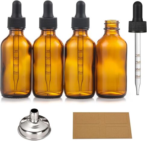 4 Pack, 2 oz Dropper Bottles with 2 Extra 1mL Calibrated Glass Droppers & 1 Funnel & 4 Labels - 60ml Thick Dark Amber Glass Tincture Bottles with Eye Droppers - Leakproof Essential Oils Bottles in Saudi Arabia