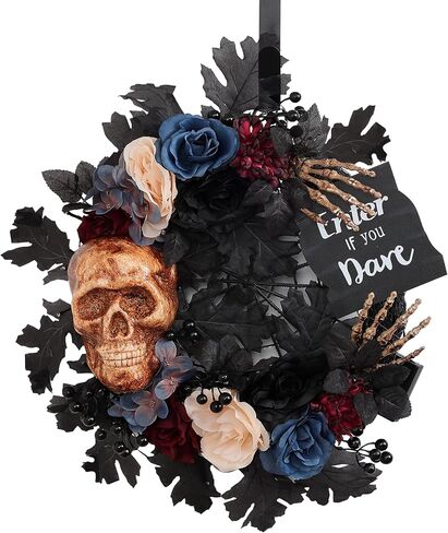 Jusdreen Halloween Wreath Decoration with LED Lights Skeleton Head Wreath, 19 Inch Black Halloween Flowers Wreath for Front Door and Wall Decor in Saudi Arabia