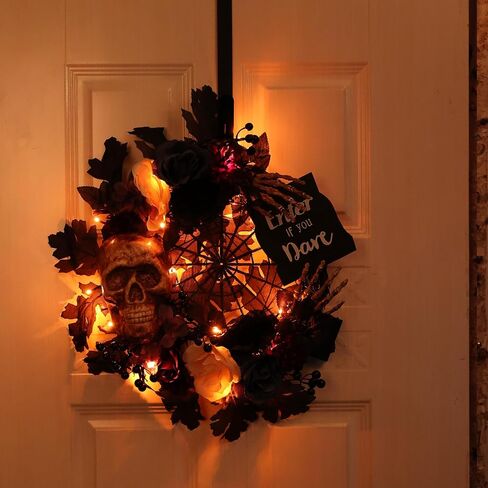 Jusdreen Halloween Wreath Decoration with LED Lights Skeleton Head Wreath, 19 Inch Black Halloween Flowers Wreath for Front Door and Wall Decor in Saudi Arabia