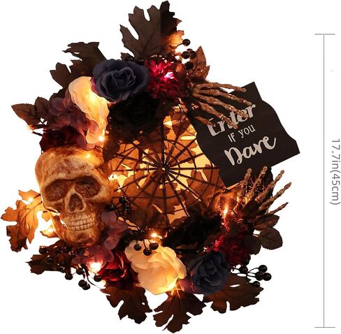 Jusdreen Halloween Wreath Decoration with LED Lights Skeleton Head Wreath, 19 Inch Black Halloween Flowers Wreath for Front Door and Wall Decor in Saudi Arabia
