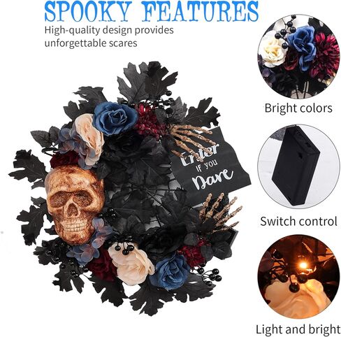 Jusdreen Halloween Wreath Decoration with LED Lights Skeleton Head Wreath, 19 Inch Black Halloween Flowers Wreath for Front Door and Wall Decor in Saudi Arabia