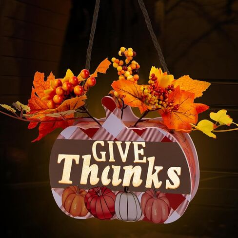 Thanksgiving Pumpkin Lantern 10" Fall Pumpkin Decor GIVE Thanks Pumpkin Wreath Sign with LED Light, Maple Leaves, Berries, for Halloween Harvest Home Wall Front Door Window Thanksgiving Day Decor in Saudi Arabia