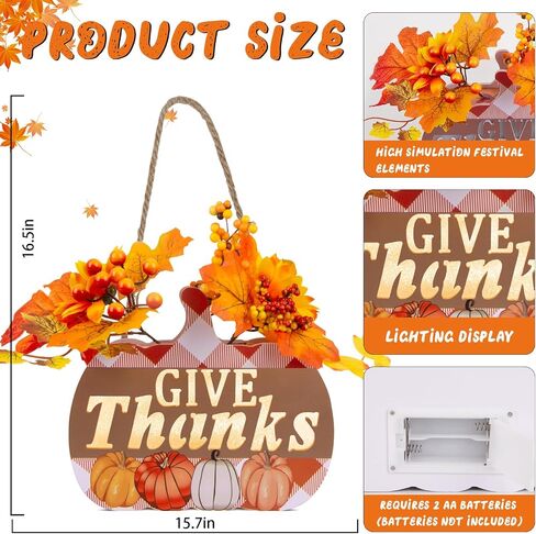Thanksgiving Pumpkin Lantern 10" Fall Pumpkin Decor GIVE Thanks Pumpkin Wreath Sign with LED Light, Maple Leaves, Berries, for Halloween Harvest Home Wall Front Door Window Thanksgiving Day Decor in Saudi Arabia