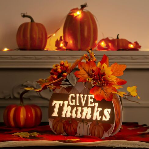 Thanksgiving Pumpkin Lantern 10" Fall Pumpkin Decor GIVE Thanks Pumpkin Wreath Sign with LED Light, Maple Leaves, Berries, for Halloween Harvest Home Wall Front Door Window Thanksgiving Day Decor in Saudi Arabia