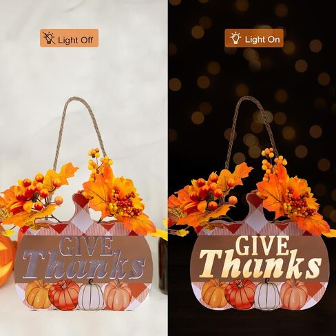 Thanksgiving Pumpkin Lantern 10" Fall Pumpkin Decor GIVE Thanks Pumpkin Wreath Sign with LED Light, Maple Leaves, Berries, for Halloween Harvest Home Wall Front Door Window Thanksgiving Day Decor in Saudi Arabia