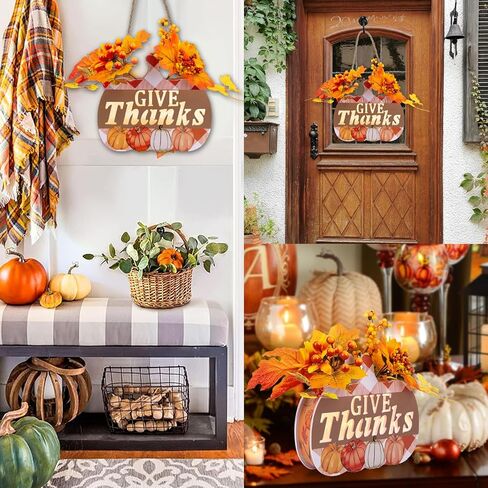 Thanksgiving Pumpkin Lantern 10" Fall Pumpkin Decor GIVE Thanks Pumpkin Wreath Sign with LED Light, Maple Leaves, Berries, for Halloween Harvest Home Wall Front Door Window Thanksgiving Day Decor in Saudi Arabia