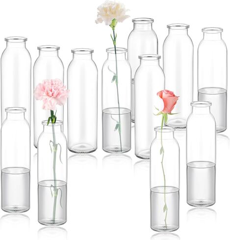 Jspupifip 12 مجموعة من المزهريات الزجاجية الشفافة، مزهرية صغيرة شفافة مزخرفة لقطع ديكور المنزل، ديكور طاولة المكتب، حفل زفاف، مظهر عتيق 5.2 بوصة in Kuwait