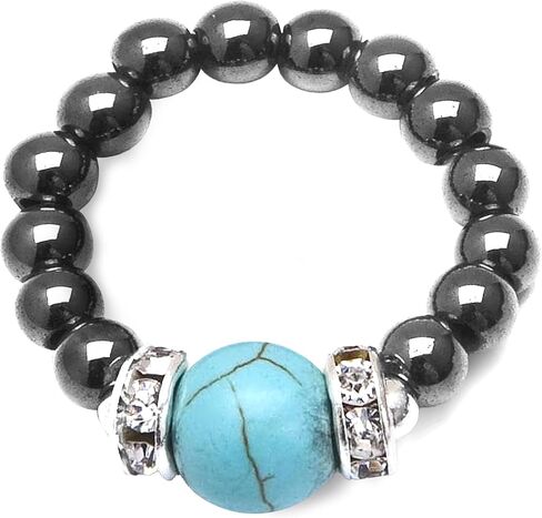Black and Turquoise Hematite Magnetic Ring - Beaded Stretch Ring, Jewelry Gifts for Mom, Aesthetic Rings For Acupressure Points, Well-Crafted Design, Accessory for Teens and Adults, Medium in Saudi Arabia