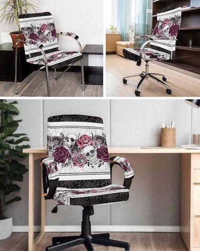 أغطية كراسي مكتب الهالوين مع أغطية مسند للذراعين، غطاء كرسي دوار، فرع جمجمة ورود حمراء زهرة أبيض وأسود للكراسي بذراعين أغطية مسند ظهر وحاميات للمقعد، كبير in Kuwait