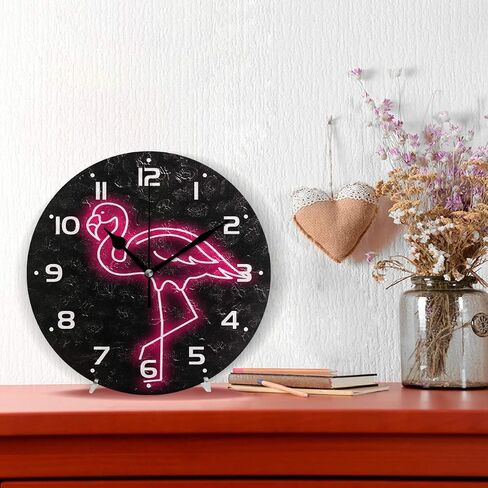 ZZKKO Neon Flamingo Wall Clock Quartz Analog Quiet, 9.5 Inch Round Desk Clock Battery Operated Easy to Read Decorative for Kitchen Bedroom Bathroom Living Room Classroom in Saudi Arabia
