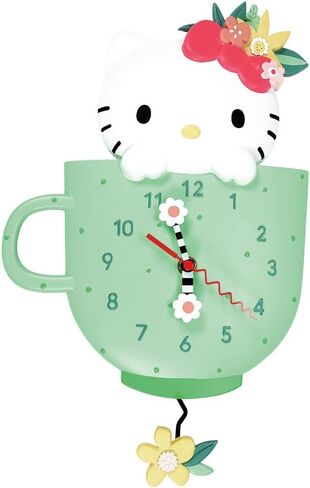 تصاميم enesco allen مرحبا كيتي في ساعة حائط كوب الشاي، ساعة تناظرية بندول تعمل بالبطارية، ساعات تزيين من الراتنج الحجري للجدران وديكور المنزل وساعات المطبخ، 11.73 بوصة in Saudi Arabia