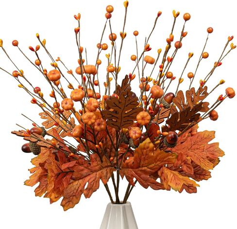 8 PCS 17 Inch Fall Maple Leaves Stems Artificial Fall Picks Autumn Berry Stems with Pumpkins Acorns for Thanksgiving Day Harvest Festival Home Indoor Decorations in Kuwait