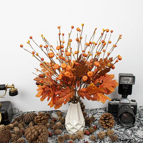 8 PCS 17 Inch Fall Maple Leaves Stems Artificial Fall Picks Autumn Berry Stems with Pumpkins Acorns for Thanksgiving Day Harvest Festival Home Indoor Decorations in Kuwait