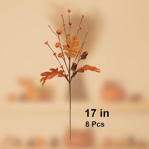 8 PCS 17 Inch Fall Maple Leaves Stems Artificial Fall Picks Autumn Berry Stems with Pumpkins Acorns for Thanksgiving Day Harvest Festival Home Indoor Decorations in Kuwait