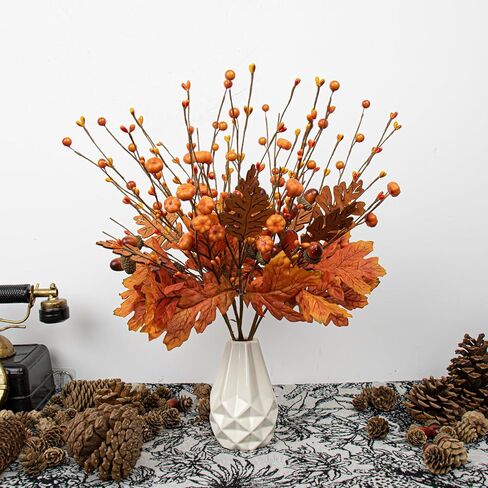 8 PCS 17 Inch Fall Maple Leaves Stems Artificial Fall Picks Autumn Berry Stems with Pumpkins Acorns for Thanksgiving Day Harvest Festival Home Indoor Decorations in Kuwait