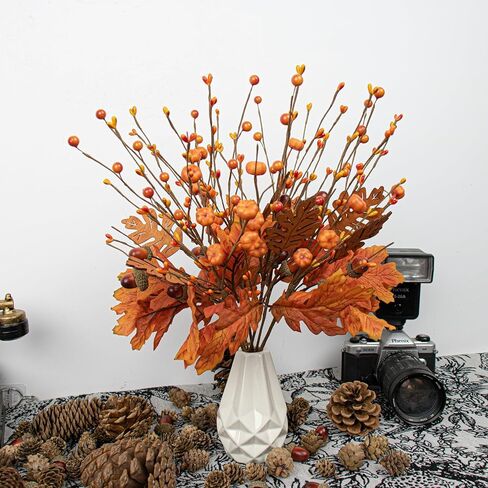 8 PCS 17 Inch Fall Maple Leaves Stems Artificial Fall Picks Autumn Berry Stems with Pumpkins Acorns for Thanksgiving Day Harvest Festival Home Indoor Decorations in Kuwait