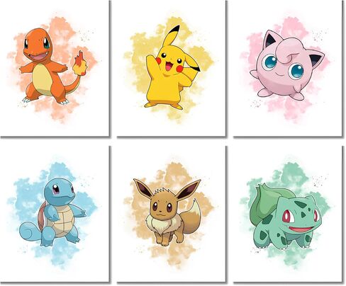 TFH Art Design - Pokemon Poster Print - Pikachu, Bulbasaur, Squirtle, Charmander, Eevee, Jigglypuff - Bedroom Art Decor - Set Of 6 Pcs - 8 x 10 inch - Unframed in Saudi Arabia