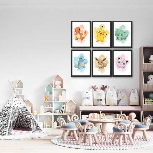TFH Art Design - Pokemon Poster Print - Pikachu, Bulbasaur, Squirtle, Charmander, Eevee, Jigglypuff - Bedroom Art Decor - Set Of 6 Pcs - 8 x 10 inch - Unframed in Saudi Arabia