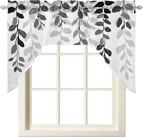 Grey Leaves Kitchen Curtains Swag Valance and Tier Curtains Set 24 Inch Length, Rustic Vintage Farmhouse Aesthetic Plant Rod Pocket Drape Panels Pair Swag Curtains for Bathroom/Cafe/Window in Kuwait