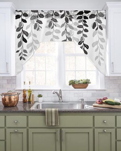 Grey Leaves Kitchen Curtains Swag Valance and Tier Curtains Set 24 Inch Length, Rustic Vintage Farmhouse Aesthetic Plant Rod Pocket Drape Panels Pair Swag Curtains for Bathroom/Cafe/Window in Kuwait