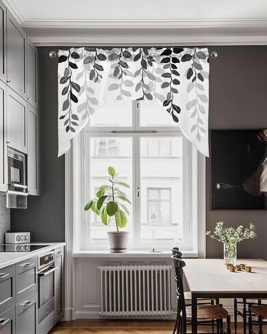Grey Leaves Kitchen Curtains Swag Valance and Tier Curtains Set 24 Inch Length, Rustic Vintage Farmhouse Aesthetic Plant Rod Pocket Drape Panels Pair Swag Curtains for Bathroom/Cafe/Window in Kuwait