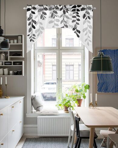 Grey Leaves Kitchen Curtains Swag Valance and Tier Curtains Set 24 Inch Length, Rustic Vintage Farmhouse Aesthetic Plant Rod Pocket Drape Panels Pair Swag Curtains for Bathroom/Cafe/Window in Kuwait