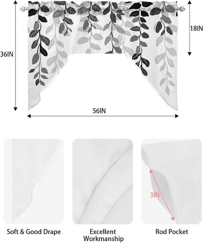 Grey Leaves Kitchen Curtains Swag Valance and Tier Curtains Set 24 Inch Length, Rustic Vintage Farmhouse Aesthetic Plant Rod Pocket Drape Panels Pair Swag Curtains for Bathroom/Cafe/Window in Kuwait