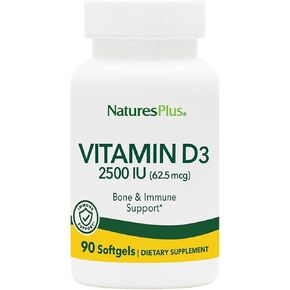 Natures Plus Vitamin D3 (Cholecalciferol) - 2500 iu, 90 Softgels - Bone Health, Heart Health & Immune System Support Supplement, Bioavailable Active Form - Gluten-Free - 90 Servings
