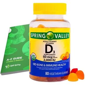 Spring Valley Vitamin D3 Gummy, 2000 IU, 80 Ct + Vitamins & Minerals - Better Lighte&Spring Guide© A to Z for Immune & Bone Health |Orange, Lemon & Strawberry (1 Pack 80 Ct)