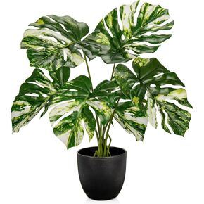 Briful Fake Plants Variegated Monstera Leaves Faux Plant Indoor in Black Pot Artificial Potted Plant Houseplant for Home Decor Patio Farmhouse Kitchen Bathroom