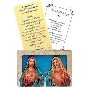Mini Sacred Heart of Jesus, Immaculate Heart of Mary Picture - Wooden Plaque with Standing Base, Sacred Heart Card, Lord's Prayer Card - Sacred Heart of Jesus, Immaculate Heart of Mary Art - 3 Items