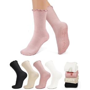 yeuG Pilates Socks with Grips for Women Non Slip Ruffle Socks Grip Socks Cute Turn-Cuff Crew Frilly Socks Grippy Yoga Socks