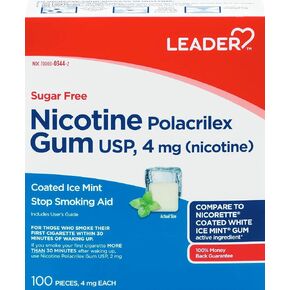 Leader Nicotine Gum Stop Smoking Aid, 4 mg, Nicotine Transdermal System, Fruit, Polacrilex Quit Smoking with Behavioral Support Program, Sugar Free, 20 Count, Pack of 2