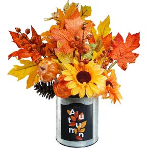 Winlyn 15" Fall Harvest Floral Arrangement with Metal Planter Artificial Maple Leaf Pumpkin Sunflower Pinecone Berry Autumn Table Centerpiece for Farmhouse Home Thanksgiving Wedding Table Shelf Décor