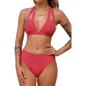 CUPSHE Women's Bikini Sets Two Piece Bathing Suit Plunging V Neck Halter Cutout Straps Mid Rise High Cut Leg Back Hook