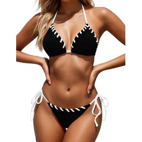 Women's Two Piece Swimsuit Color Block Bathing Suits Halter Triangle String Bikini Sets in Saudi Arabia