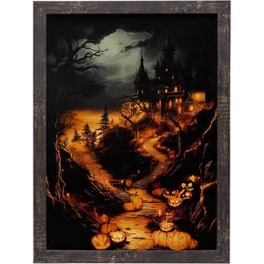 ArtbyHannah Lighted Halloween Wall Decor,Gothic Halloween Wall Art with Lights,Halloween Decorations Indoor,Spooky Haunted Mansion Decor for Party Living Room Bedrrom or Gifts(12×16 Inch Black Framed)
