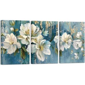 ChaudArt 3 Pieces Flower Wall Art Canvas Wall Art Small Wall Art Gray And White And Blue Flower Wall Art For Bedroom Livingroom Ready To Hang