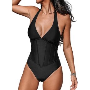CUPSHE Women's One Piece Swimsuit Bathing Suit Plunging Neck V Wire Halter Back Cutout Hook Cheeky Adjustable Straps
