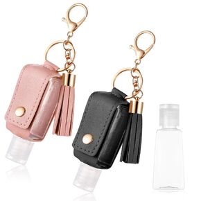 2Pcs Hand Sanitizer Keychain, 30ml Portable Leather Hand Sanitizer Holder Travel Size Keychain Hand Sanitizer Case Refillable Bottle for Toiletry Lotion Liquid Soap Shampoo (Blue, White)