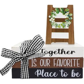 Ladder Mini Wood Decorative Book Stacks, Together is Our Favorite Place to Be Farmhouse Wooden Sign, Tiered Tray Decor Rustic Home Table Shelf Decorations with Buffalo Plaid Check Bow