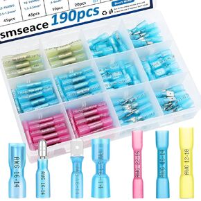 smseace 190Pcs Heat Shrink Wire Connectors, Including Heat Shrink Butt Spade Bullet Connectors, 22-10AWG Waterproof Crimp Connector Assortment for Auto Boat Industrial Equipment