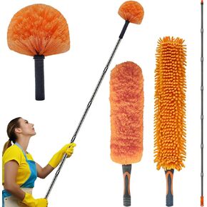 20 Ft+ High Reach Duster Kit with 3-13 ft Detachable Pole//High Ceiling Chenille Duster, Microfiber Duster, Fan Duster, Cobweb Duster & Cleaning Tool for Home Indoor & Outdoor