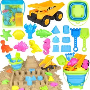Beach Toys, 21Pcs Sand Toys, Sandbox Toys with 2 in 1 Beach Truck, Collapsible Sand Bucket, Sand Castle Toys, Sand Molds, Shovel Set, Mesh Bag, Travel Beach Toys for Toddlers Kids Ages 4-8